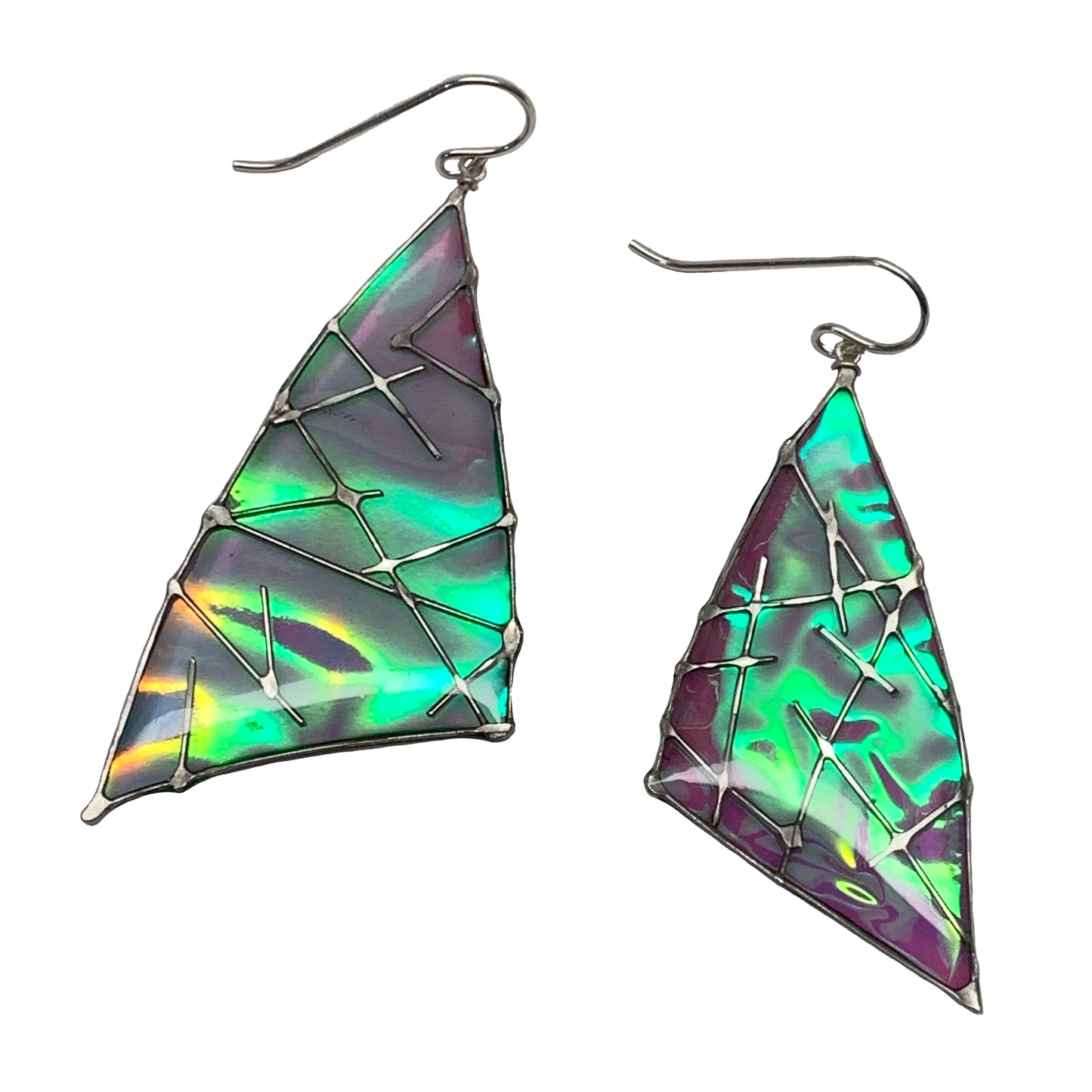 Asymmetrical wobbly triangle earrings smithed from recycled sterling silver scrap wire. These earrings have a stunning iridescence that is enhanced by the random pieces of silver scrap wire that have been soldered in place and hammered to add visual interest.