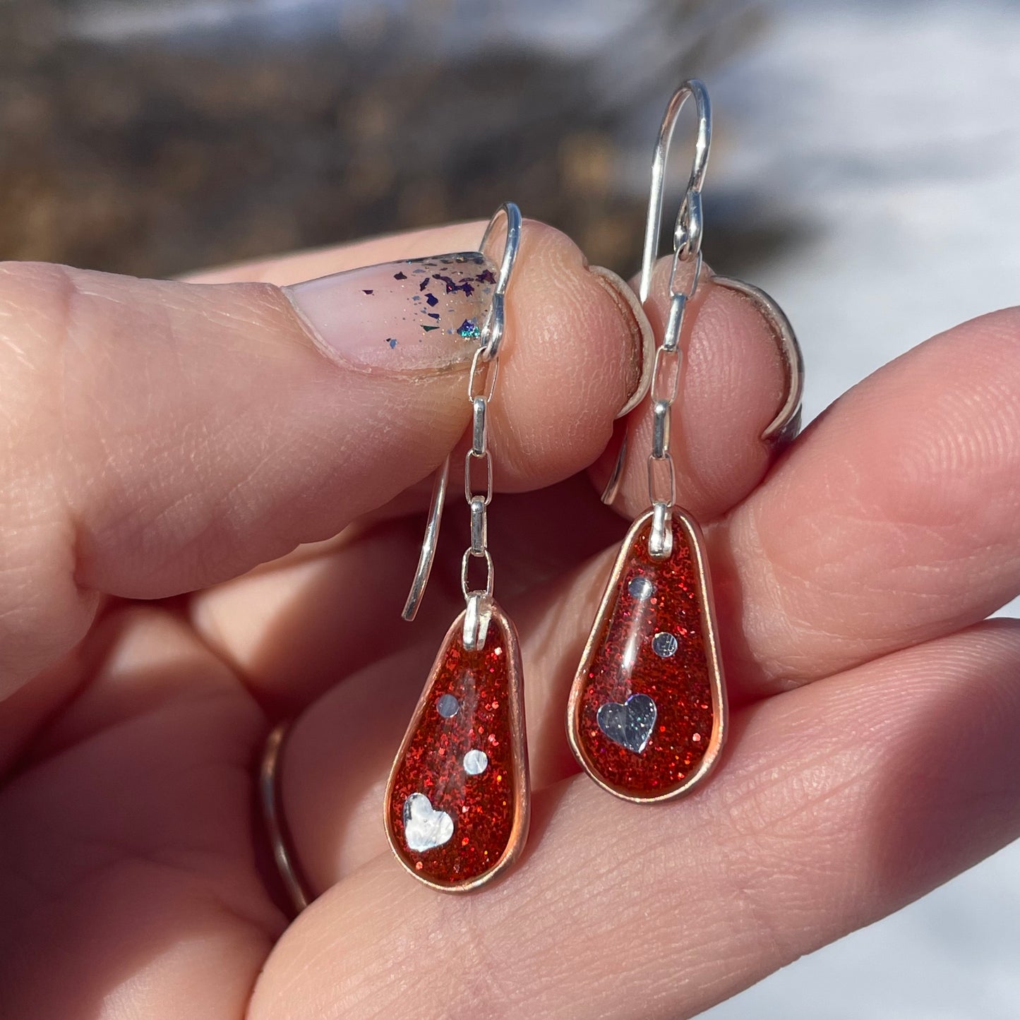 Hooray Love Earrings: Red-Orange Glitter, Small