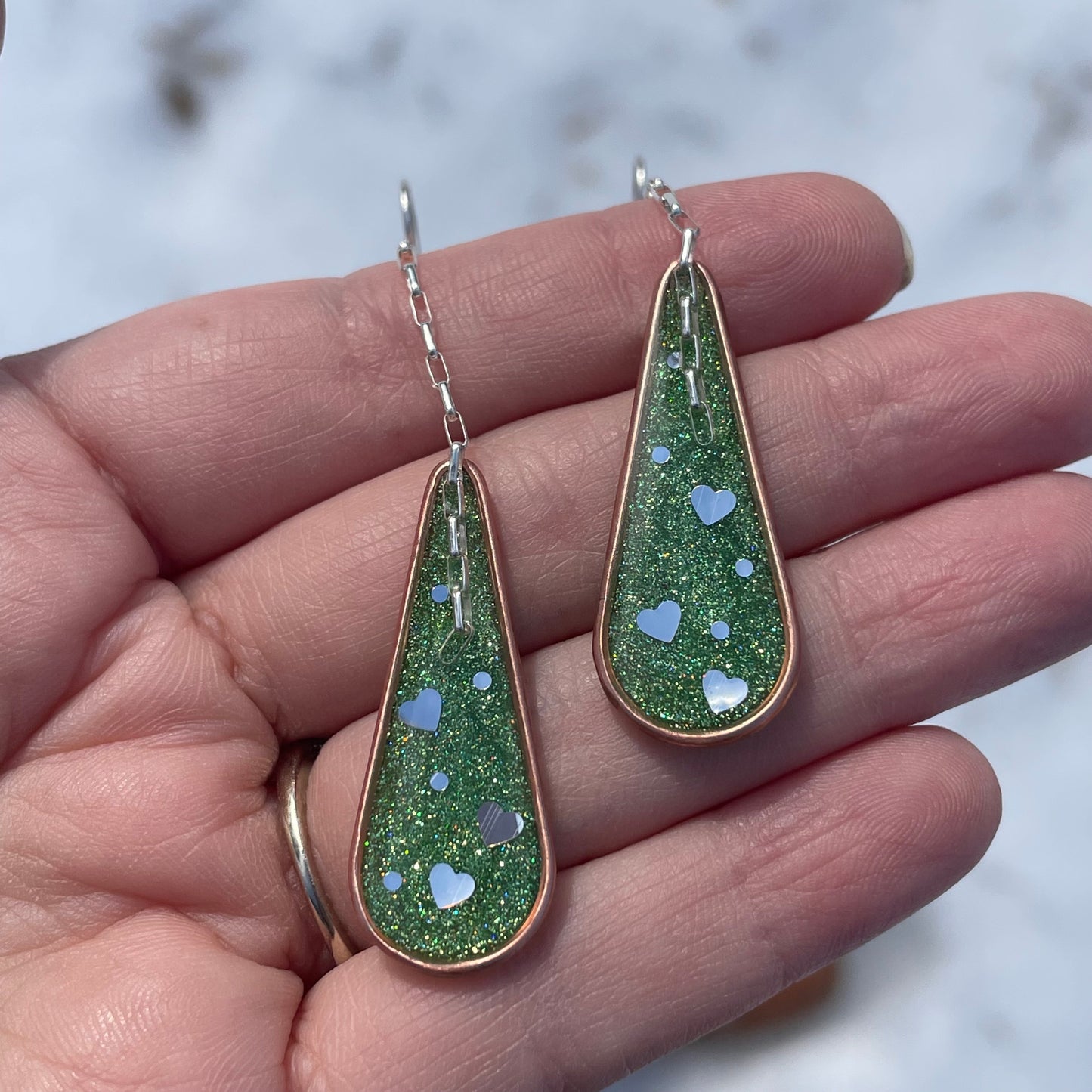 Hooray Love Earrings: Peridot Green Glitter, Big