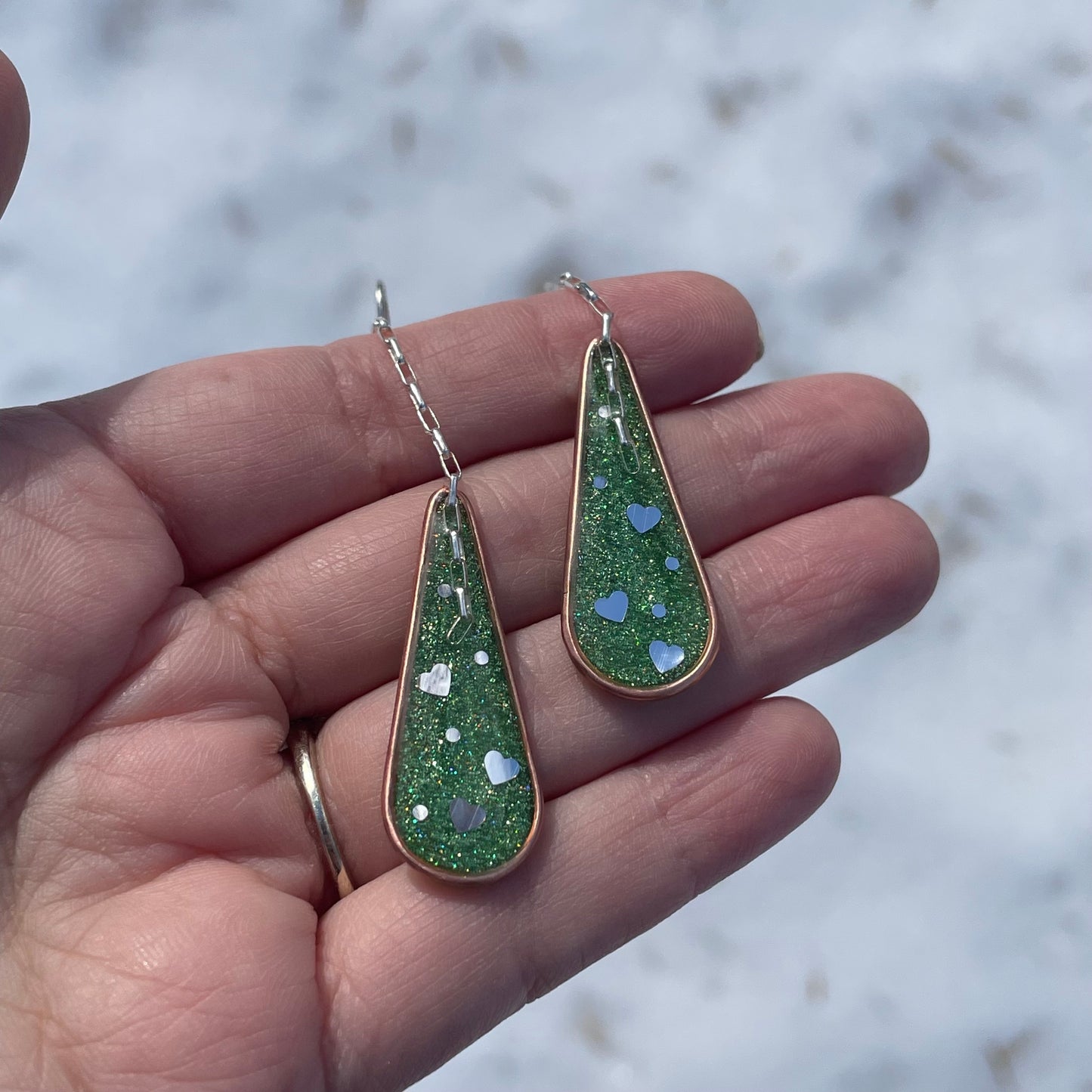 Hooray Love Earrings: Peridot Green Glitter, Big