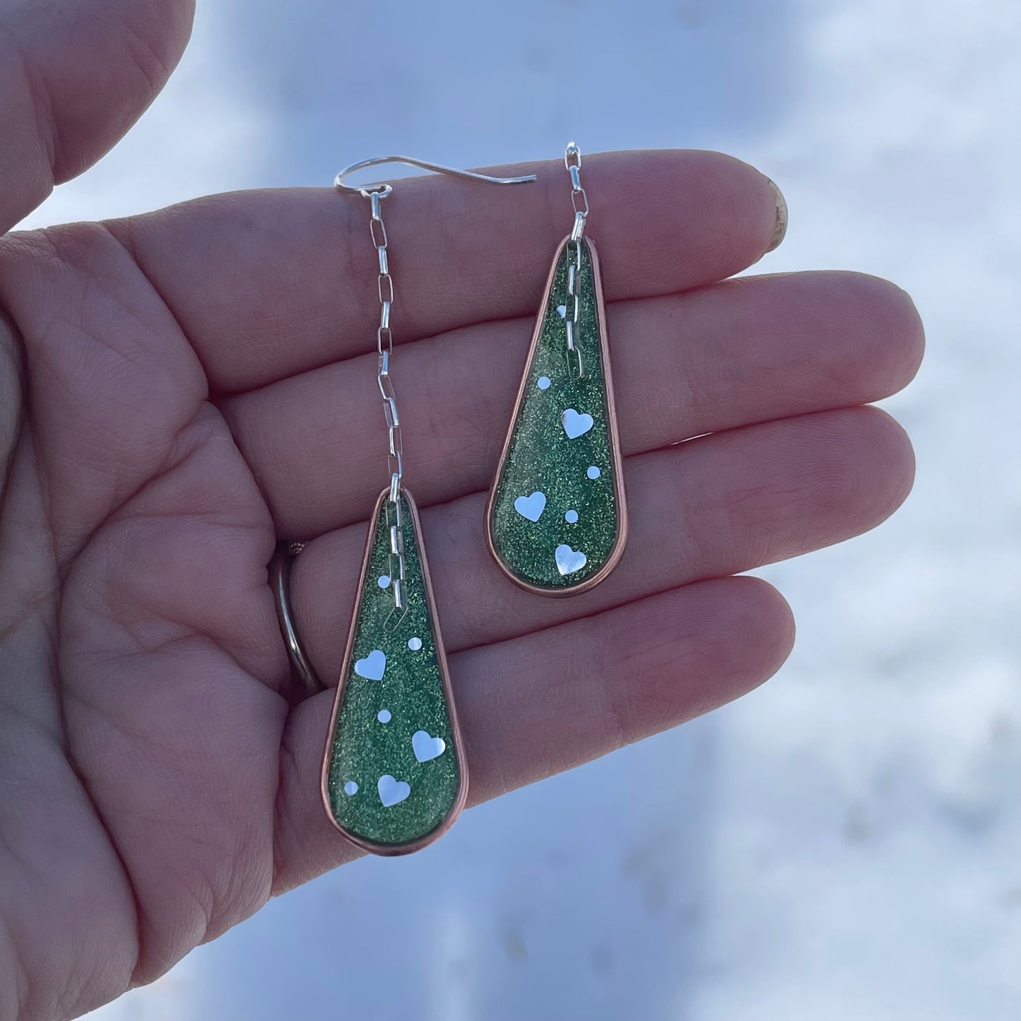 Hooray Love Earrings: Peridot Green Glitter, Big