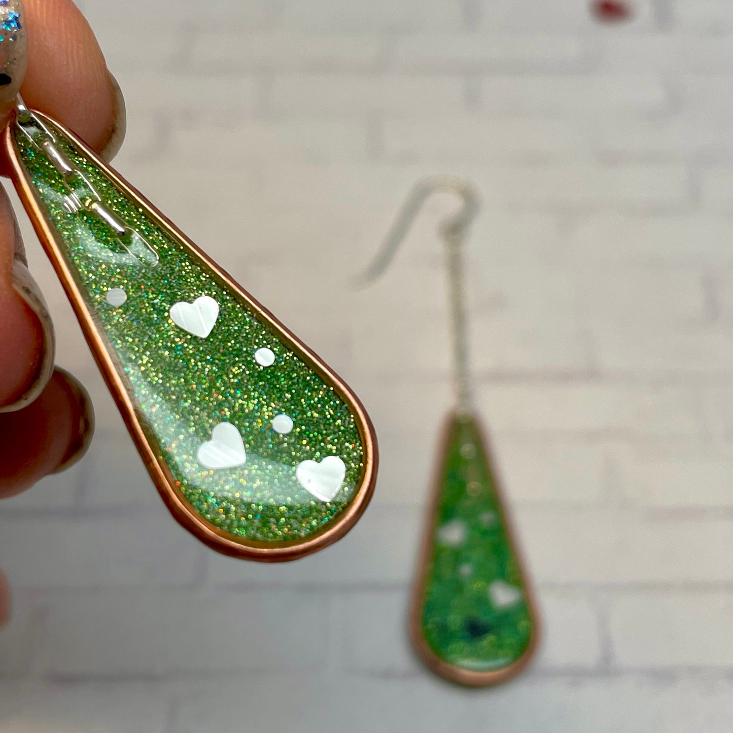 Hooray Love Earrings: Peridot Green Glitter, Big
