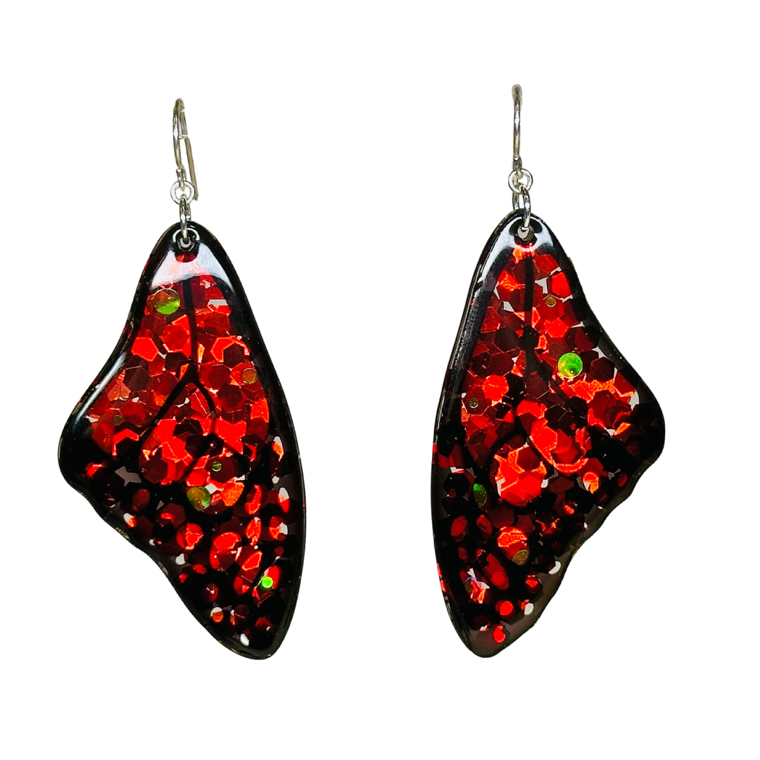 Bright & Shiny Red Glam Party Earrings in the shape of a wing. Great for holiday parties & as a personalized inexpensive gift