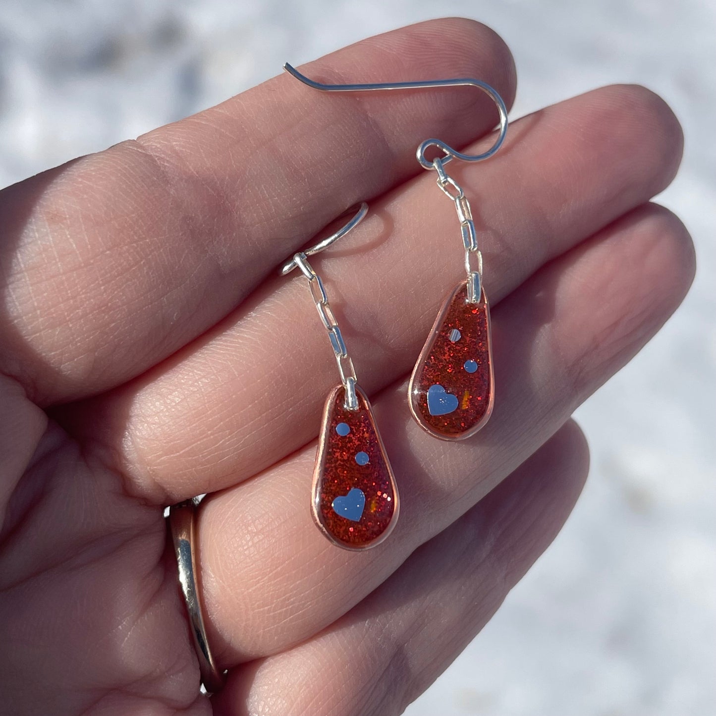 Hooray Love Earrings: Red-Orange Glitter, Small