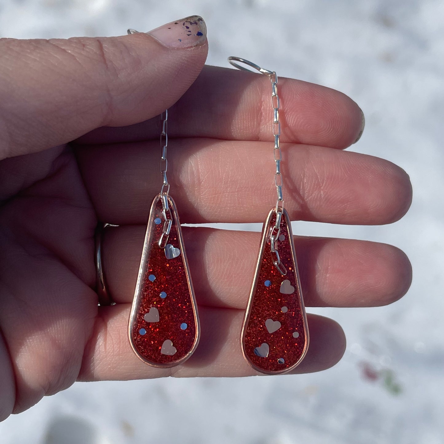 Hooray Love Earrings: Red-Orange Glitter, Big