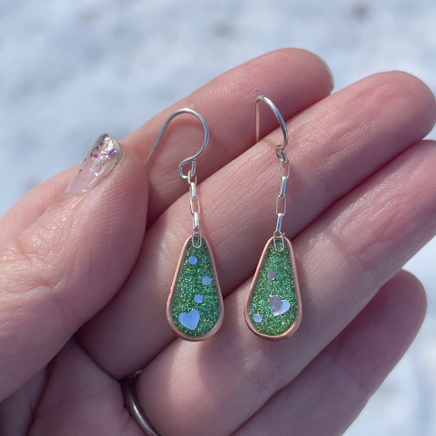 Hooray Love Earrings: Peridot Green Glitter, Small